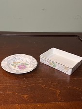 Vintage Wedgwood Avon W3983 Floral Fine Bone China Trinket Tray Ashtray Set 2pc picture