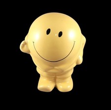 Vintage 1970s Mr. Happy Smiley Face Waving Ceramic Bank Bright Yellow 5 1/4