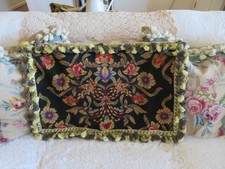 Aubusson style Needlepoint Pillow Folk Art on BLACK NWOT w Florals & Fringe picture