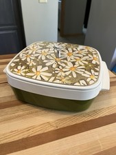 Vtg MCM DAISIES THERMO SERVE 2qt Insulated Serving Dish Alum Insert Grandmacore picture
