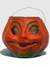 VTG 40s Halloween Paper Mache Pumpkin Candy Bucket Jack O Lantern Trick Or Treat picture