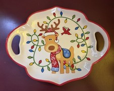 Temp-tations By Tara Ceramic Christmas Serving Platter Reindeer Lights Tray Mini picture