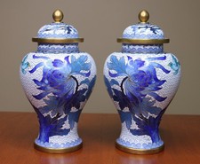 Vintage Pair Chinese Cloisonné Ginger Jars Blue Peony Floral Lidded Vases PRC picture