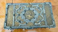VTG Wood & Metal Rectangular Trinket Box Chest Embossed Lion Panels Lid picture