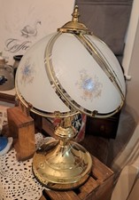 Vintage Hollywood Regency Brass Touch Table Lamp with Floral Curved Glass Shade picture