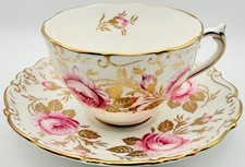 Vintage Coalport Pink Cabbage Rose Heavy Gold Cup & Saucer; Teacup England picture