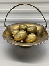 Vintage Fluted Brass Handled Basket filled with 8 Elegant Brass Eggs picture