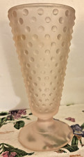 Vintage Pink Frosted Glass Pedestal Vase Hobnail Bubbles 8” Tall picture