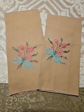 VINTAGE PAIR OF BROWN LINEN HAND EMBROIDERED DRESSER COVERS ♡ 24.5