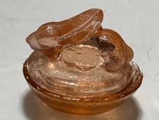 Peachy Pink Rabbit On A Nest  Vtg  Mini Glass 2pc Covered Dish Unmarked Perfect picture