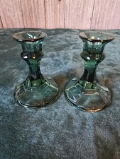 Vintage Pair Of Indiana Glass Candlestick Holders Teal/Emerald Green. MINT Cond. picture