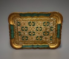 VTG Florentine Wood Tray Green Gold Gilt Scalloped Mid Century Italy 11.5 Inches picture