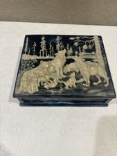 Vtg Genuine Incolay 3D Stone Wolf Pack Trinket/Jewelry Box W/Velvet Lining picture