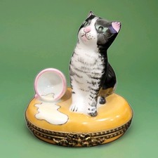 Limoges France Cat Trinket Box Peint Main Felix Spilled Milk Porcelain  picture