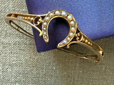 Victorian Seed Pearl Openable Horseshoe Bangle 14k Yellow Gold Plated  7.5