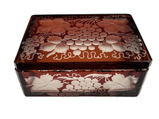 Vintage Ruby Stained Cut Glass Engraved Grape Vine Lidded Glass Cigarette Box picture