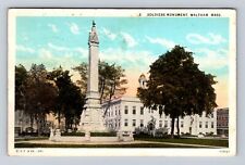 Waltham MA-Massachusetts, Soldiers Monument, Antique, Vintage c1931 Postcard picture