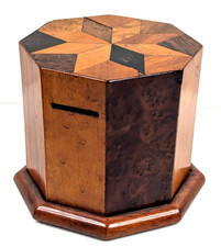 Vintage Octagonal Inlaid Burl Wooden Coin Bank Puzzle or Sealed (will not Open) picture