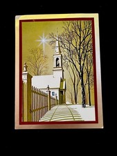 1 VTG Xmas Greeting Card in Style Of Eyvind Earle Long Fence Shadows 🌟 & Church picture