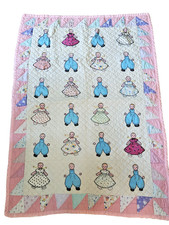 Antique 1930s Feed Sack Dutch Doll Crib Quilt Hand Appliquéd Embroidered 55” picture
