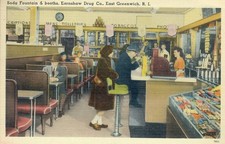 Linen Postcard Soda Fountain & Booths Earnshaw Drug Co. East Greenwich RI picture