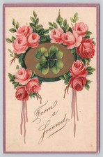 Antique 1910 Greeting Postcard Roses Four Leaf Clover Embossed Germany picture