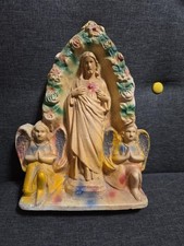 Vintage Sacred Heart Jesus Chalkware Shrine Praying Angels Roses 11
