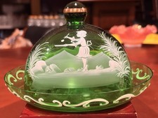 Vtg Bohemia Glass Green Mary Gregory Covered Cheese Butter Dome Dish 7” Ex Cond picture