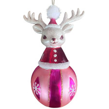 GANZ Retro Style Glass Reindeer Ball Ornament Pink Glitter Christmas Santa Hat picture