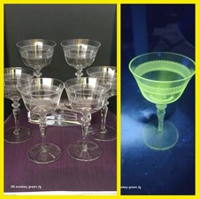 1920s Fostoria Clear Needle Etched  Uranium Glasses Set 6 picture