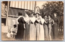 Eight Women And Two Children In Long Dresses Posing On Porch House Postcard RPPC picture