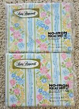 Vintage Lady Pepperell Full Flat Sheet set 2 NOS Blue Ribbon Pink Tulip Floral picture