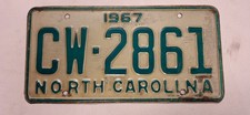 Vintage 1967 North Carolina License Plate Tag #CW-2861 Original Collectable picture