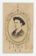 Antique CDV Cartouche Style Frame Circa 1860s Handsome Man Wearing A Unique Hat picture