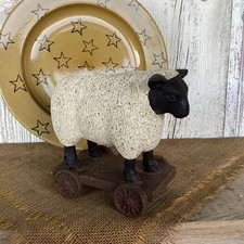 VTG Primitive Sheep On Cart with Wheels Rustic Farmhouse Decor Folk Art 6” H picture