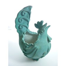 Vintage Signed Studio Pottery Blue Ceramic Rooster Chicken Planter Pot 8.5