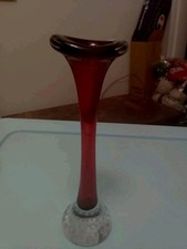 Vtg Aseda Glasbruk Sweden Art Glass Ruby Red Clear Bullicante Base Bud Vase 11” picture