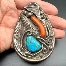 Large Vintage Navajo Native JB Turquoise Coral Silver Pendant picture