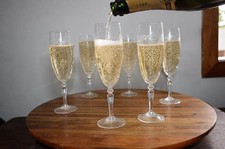 Vtge Etched Glass Champagne Flutes floral etched 6 Floral Garland Stemware 1960 picture
