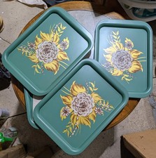 set of 6  Vtg Metal Serving Trays - Teal with  White Flowers and Gold/Brown leaf picture