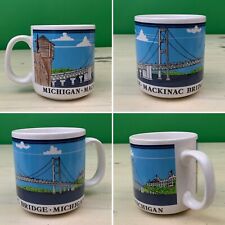 MACKINAC ISLAND BRIDGE MICHIGAN - Vtg 80s-90s White & Blue Glass Mug Coffee Cup picture