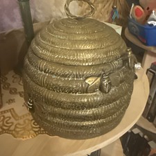 VINTAGE MOTTAHEDEH BRASS BEEHIVE LIDDED HONEY POT CONTAINER WITH BEES CANISTER picture