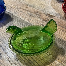Indiana Style Green Glass Hen on Nest Dish 7” picture