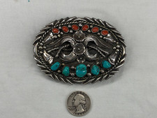VINTAGE SIGNED NATIVE AMERICAN STERLING SILVER BELT BUCKLE W/ TURQUOISE & CORAL picture