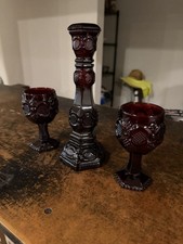 Avon 1876 Cape Cod Collection Red Embossed Glass Hexagonal Candleholder picture
