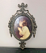 Vintage ITALY Metal Ornate Picture Frame Oval Print of Girl Praying picture