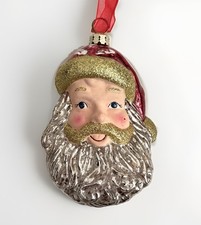Vintage FRONTGATE Blown Glass Santa Head with Glitter Christmas Ornament 4.5” picture