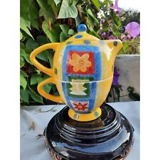 Vintage Trader Joe's Tea 4 One Yellow Teapot Hand Painted New In Box 1990s picture