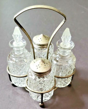 Vintage Clear Pressed Glass Salt & Pepper Shakers With 2 Cruets In Metal Holder picture