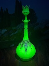 French Opaline Satin Green Gold Gilded Uranium Glass Decanter Bottle 26cm Tall picture